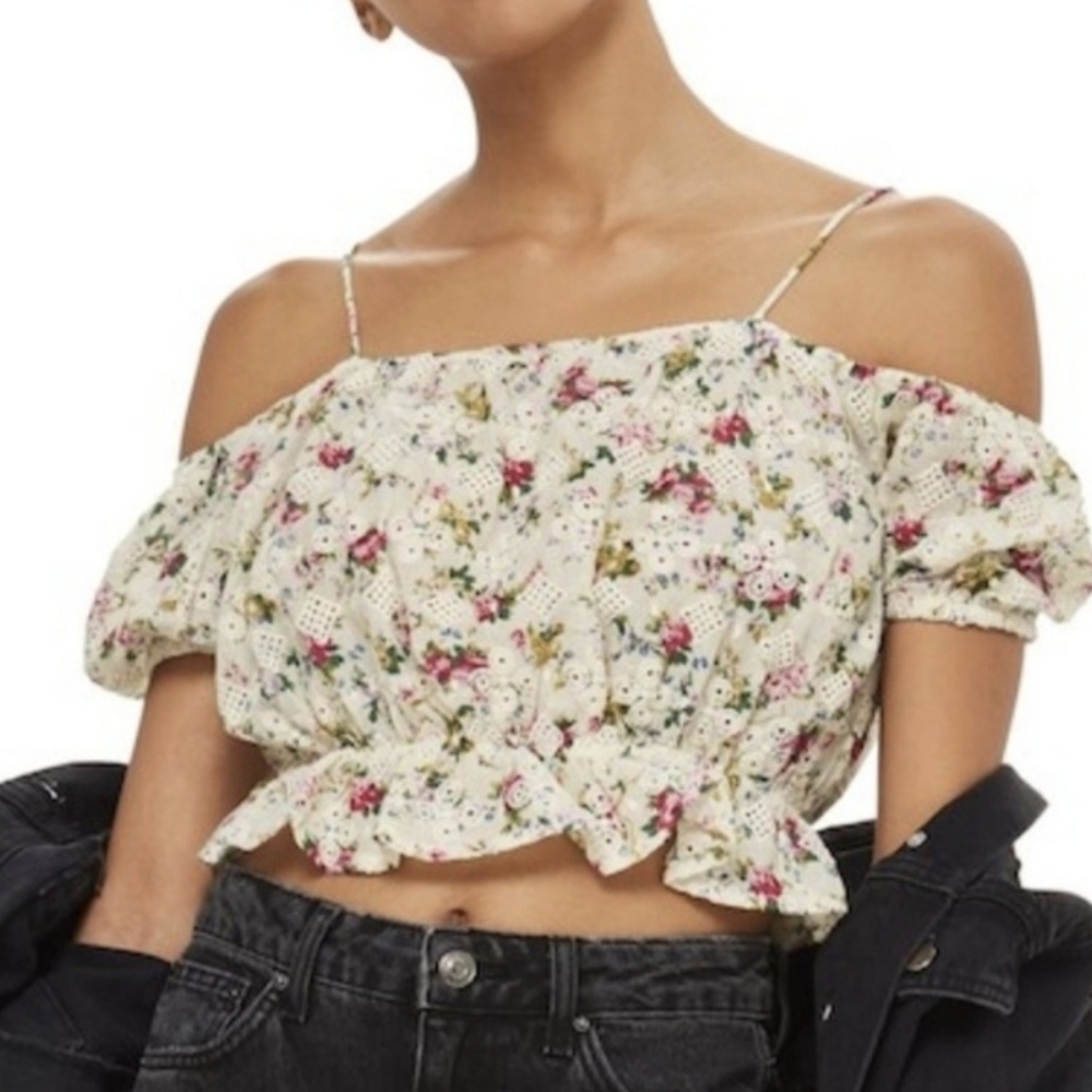 NWOT ASOS TOPSHOP Broderie Floral Print Bardot Top Ivory Multi